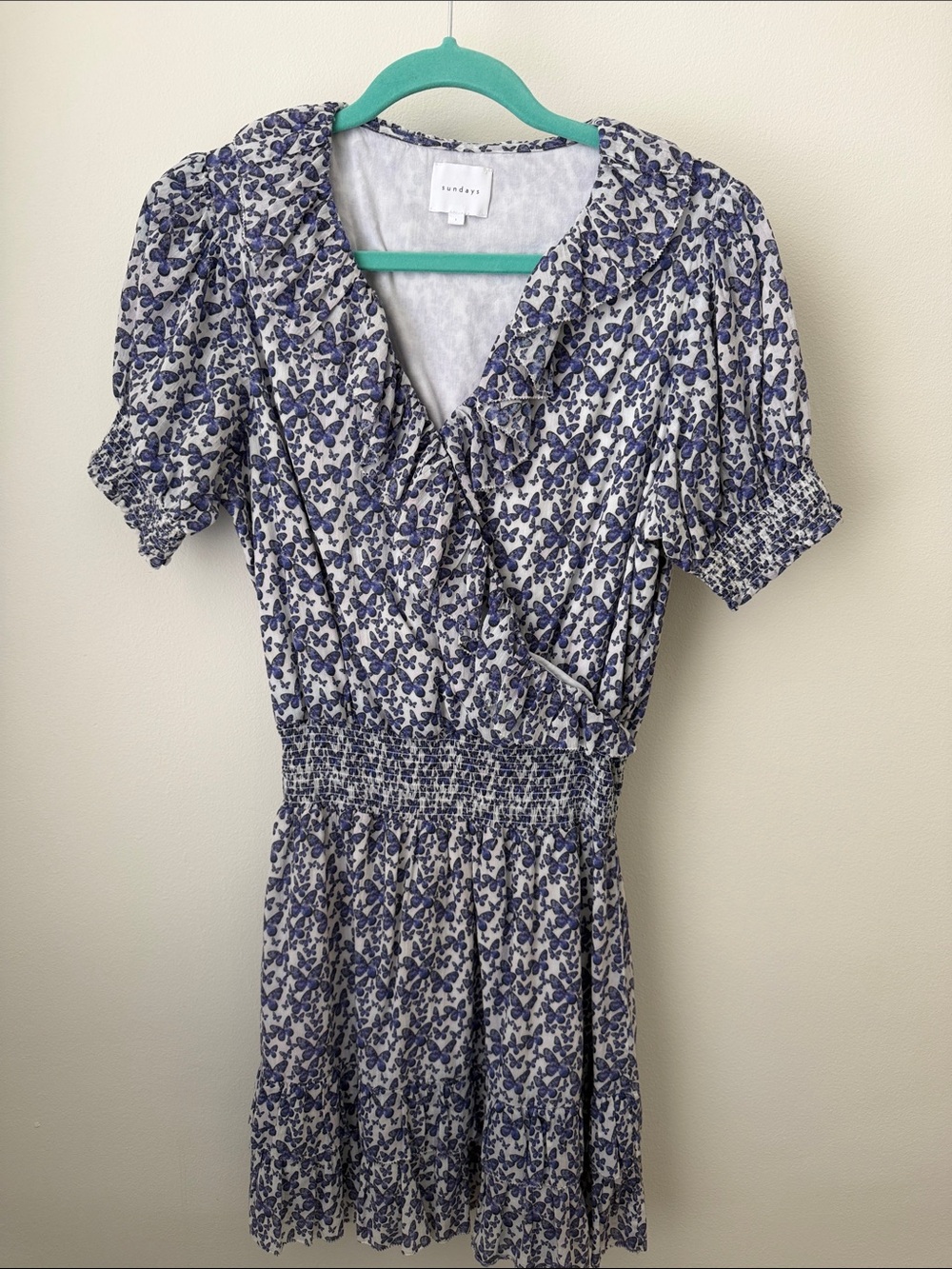 Sundays Purple Butterfly Smocked-Waist Mini Dress
